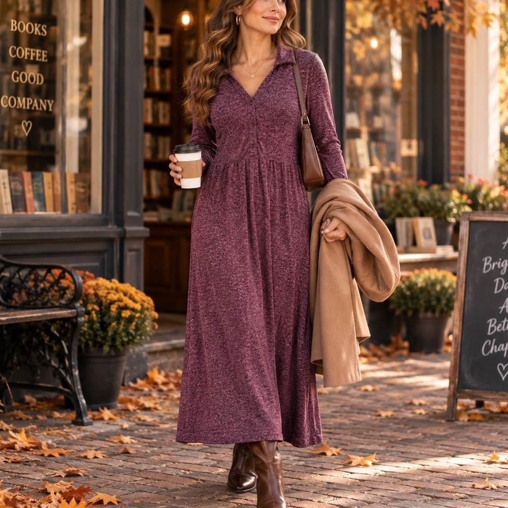 BloomChic Marled Collared Maxi Dress Burgundy Long Sleeve Size 12 NWT Cozy Chic